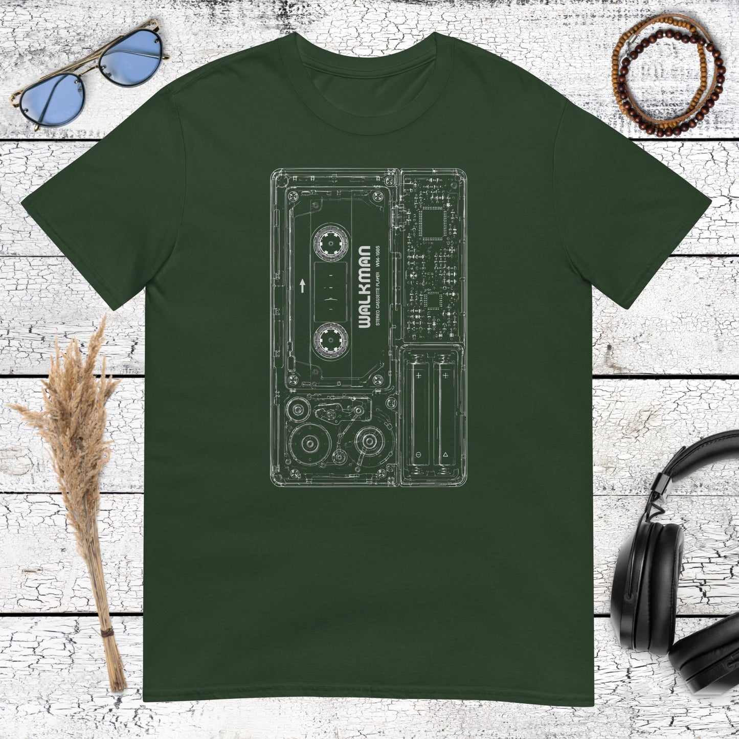 Product moVintage portable music player artwork printed on a forest green t-shirtckup
