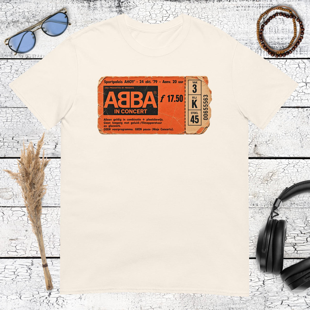 Retro orange ABBA graphic printed on an natural t-shirt