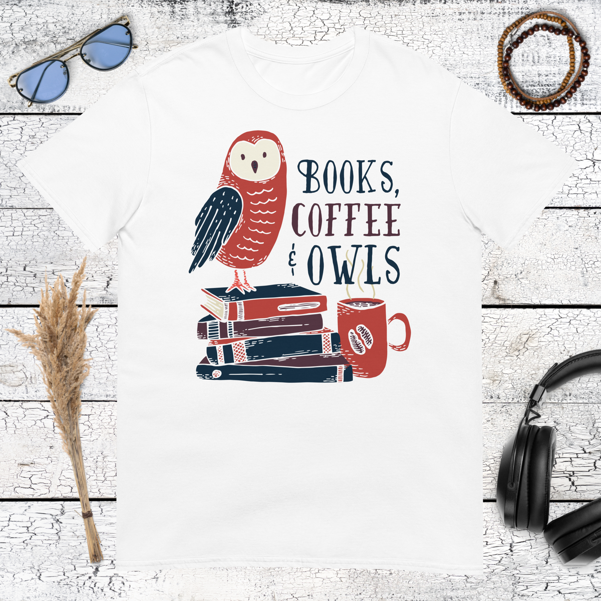 Cute owl books and coffee graphic printed on a white t-shirt