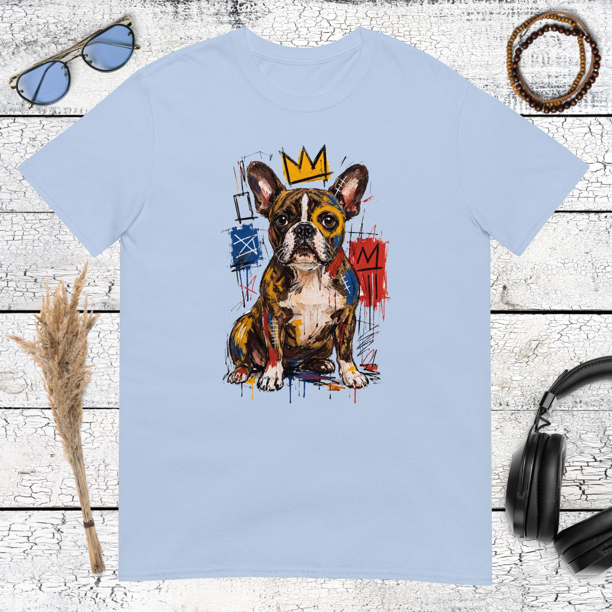 Colourful Boston Terrier street art artwork printed on a light blue t-shirt
