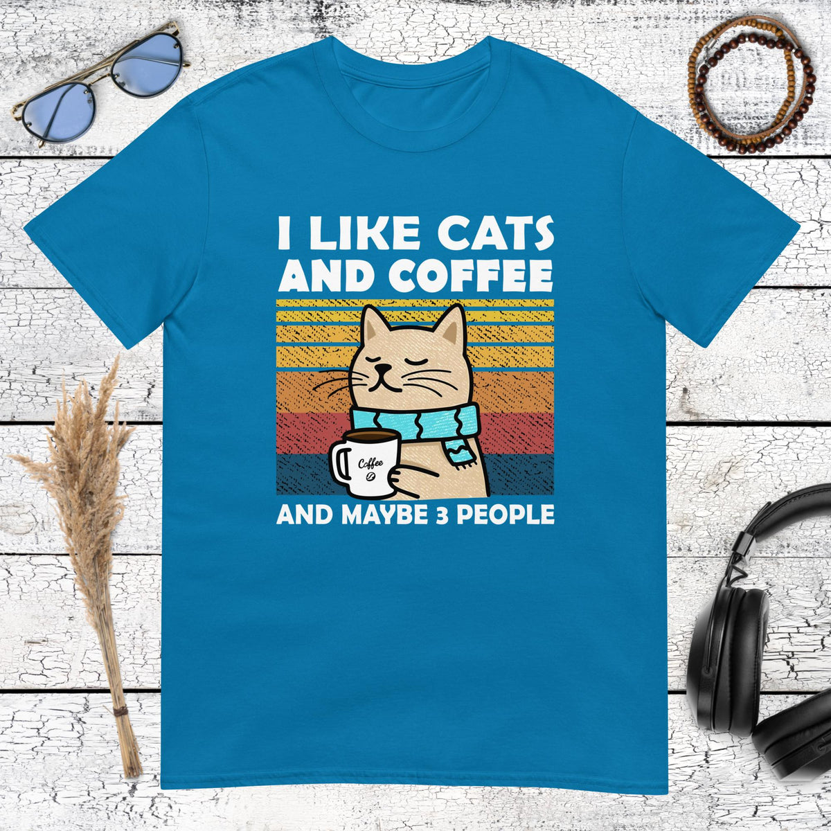 Retro cat and coffee illustration with humorous quote on a blue t-shirt