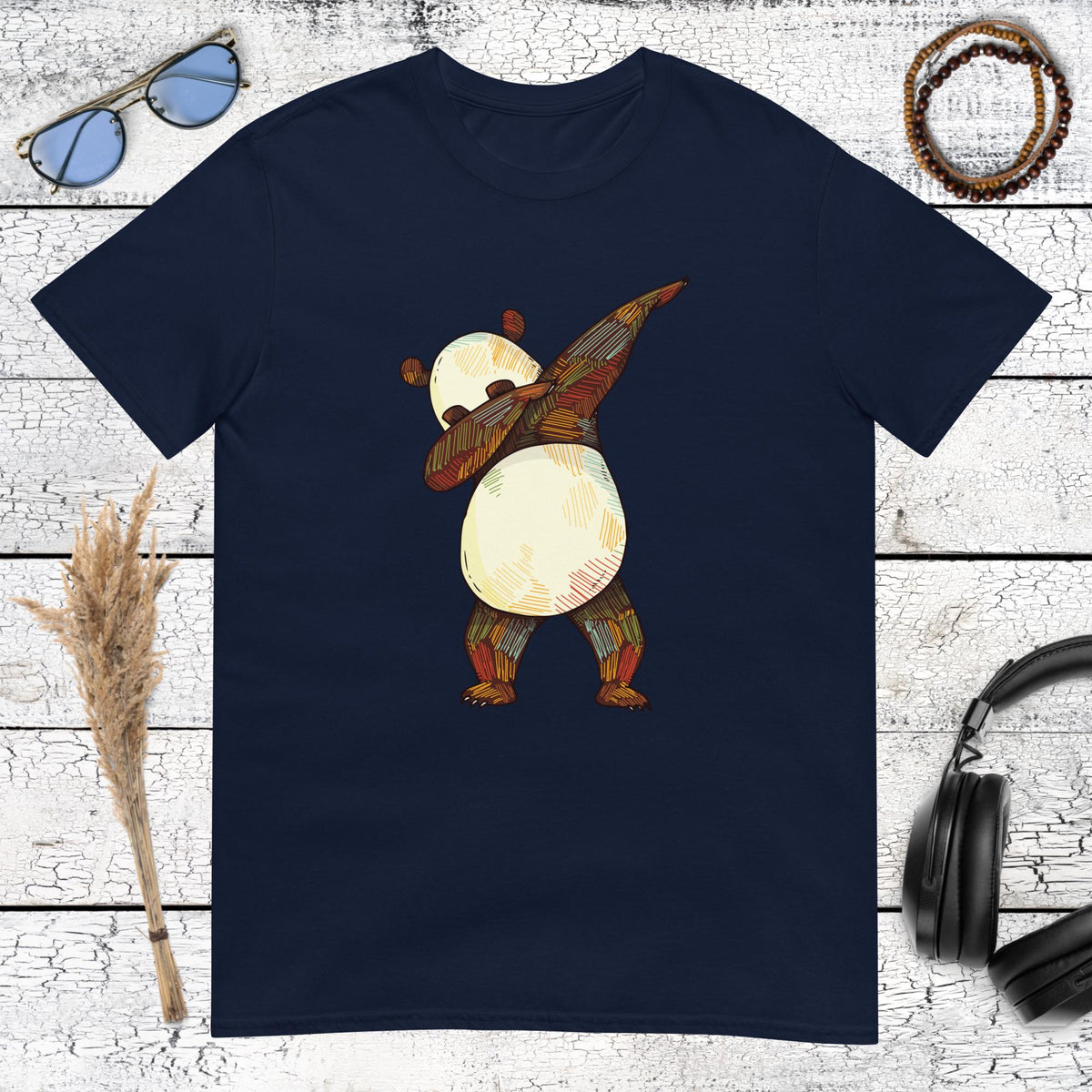 Dabbing panda illustration with watercolor textures on a navy blue t-shirt