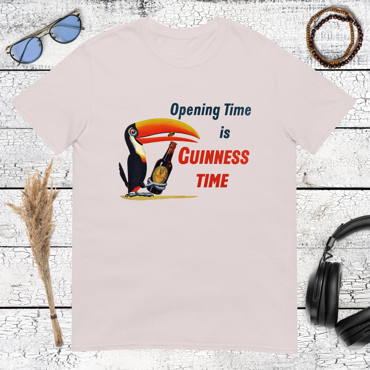 Retro Guinness toucan beer graphic with Opening Time Guinness Time lettering on an ice grey t-shirt