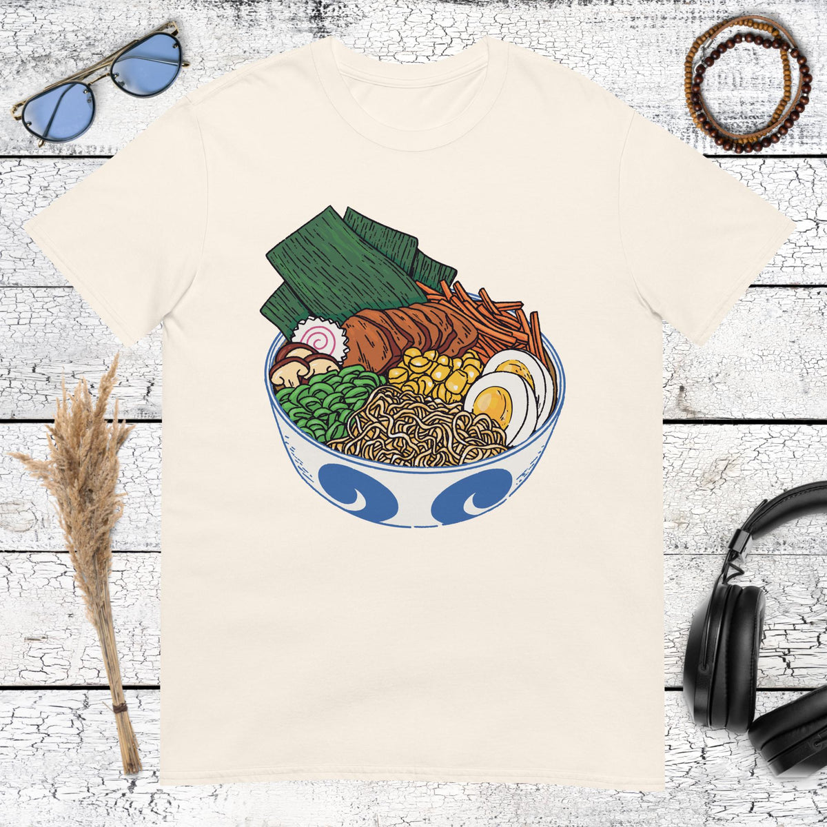 Vibrant ramen bowl illustration with blue wave pattern kase, egg and nori on a natural cotton t-shirt