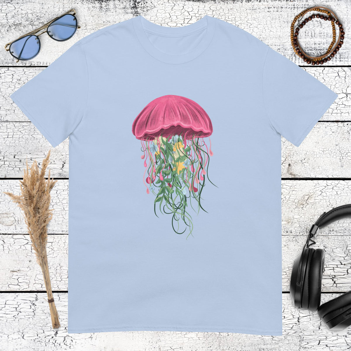 Floating jellyfish graphic art on a light blue summer aesthetic t-shirt