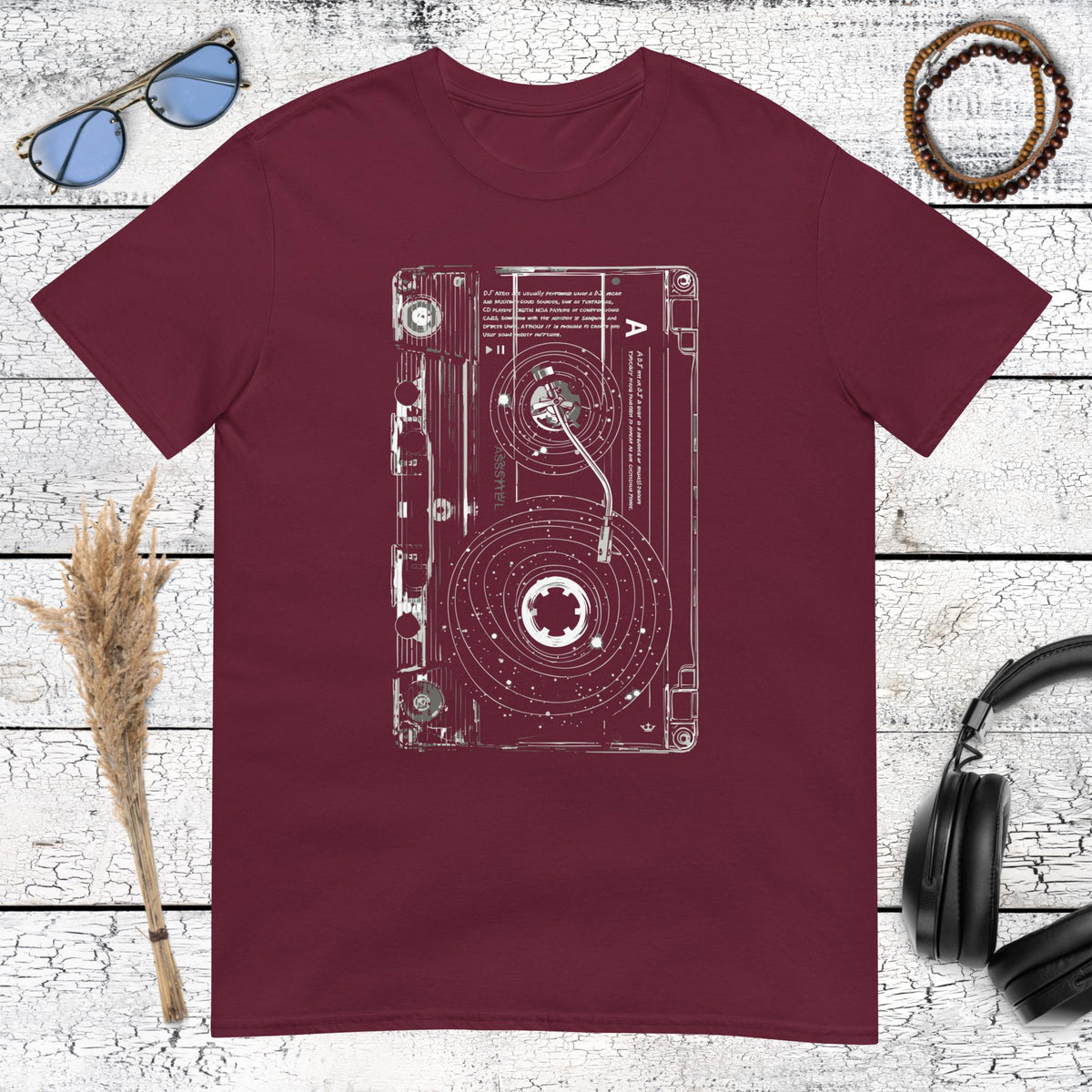 Minimalist white kaset tape line art design on a deep maroon shirt