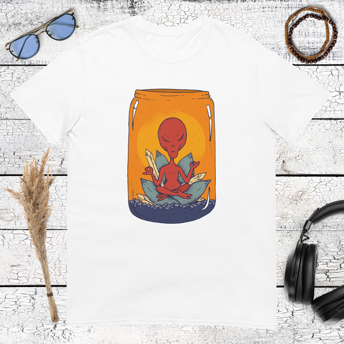 Meditating alien inside a jar with orange sunset graphic on a white t-shirt