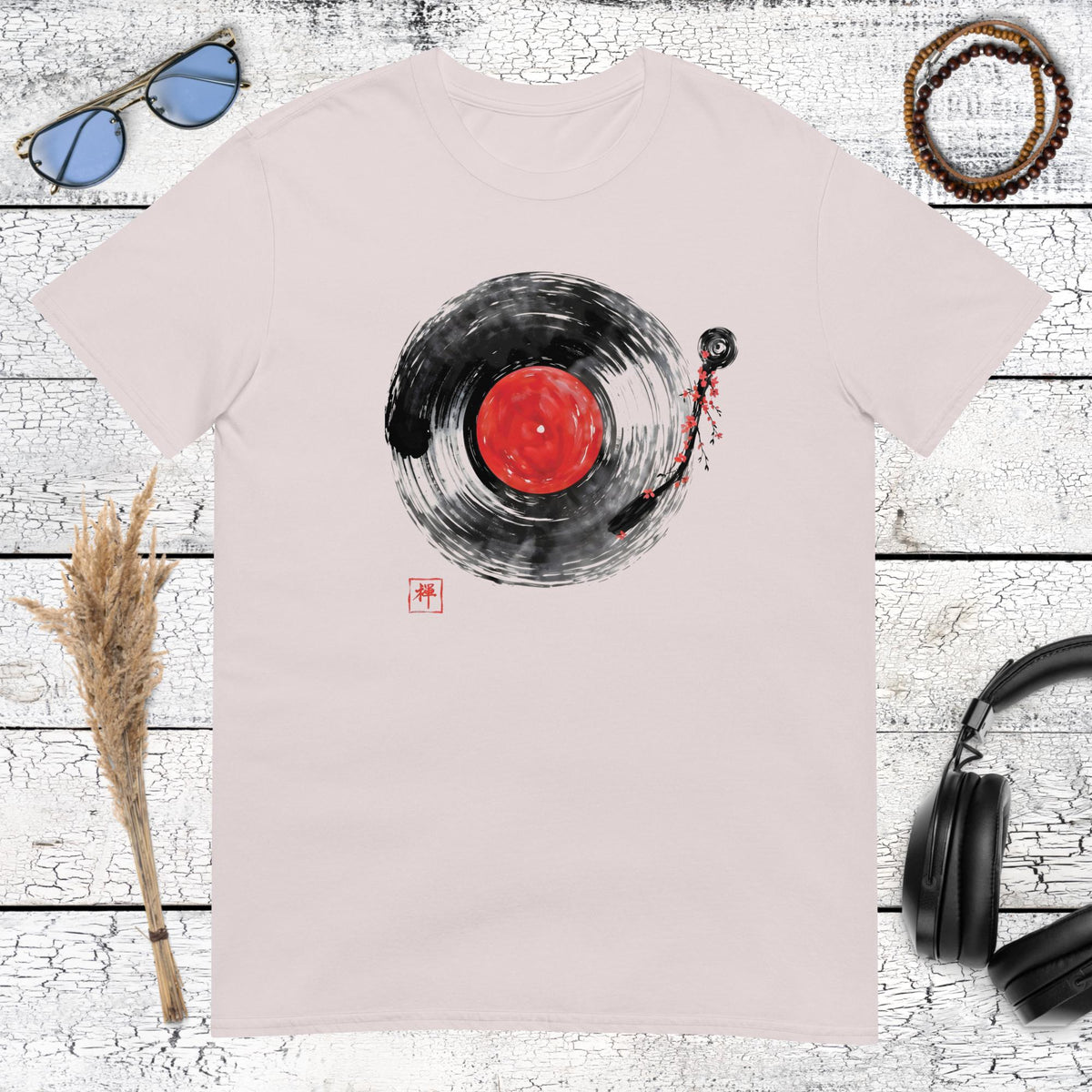 Sumi-e style brush stroke vinyl record art on a light ice grey t-shirt