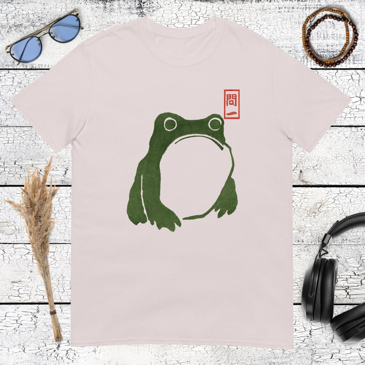 Matsumoto Hoji inspired green frog graphic printed on a ice grey t-shirt