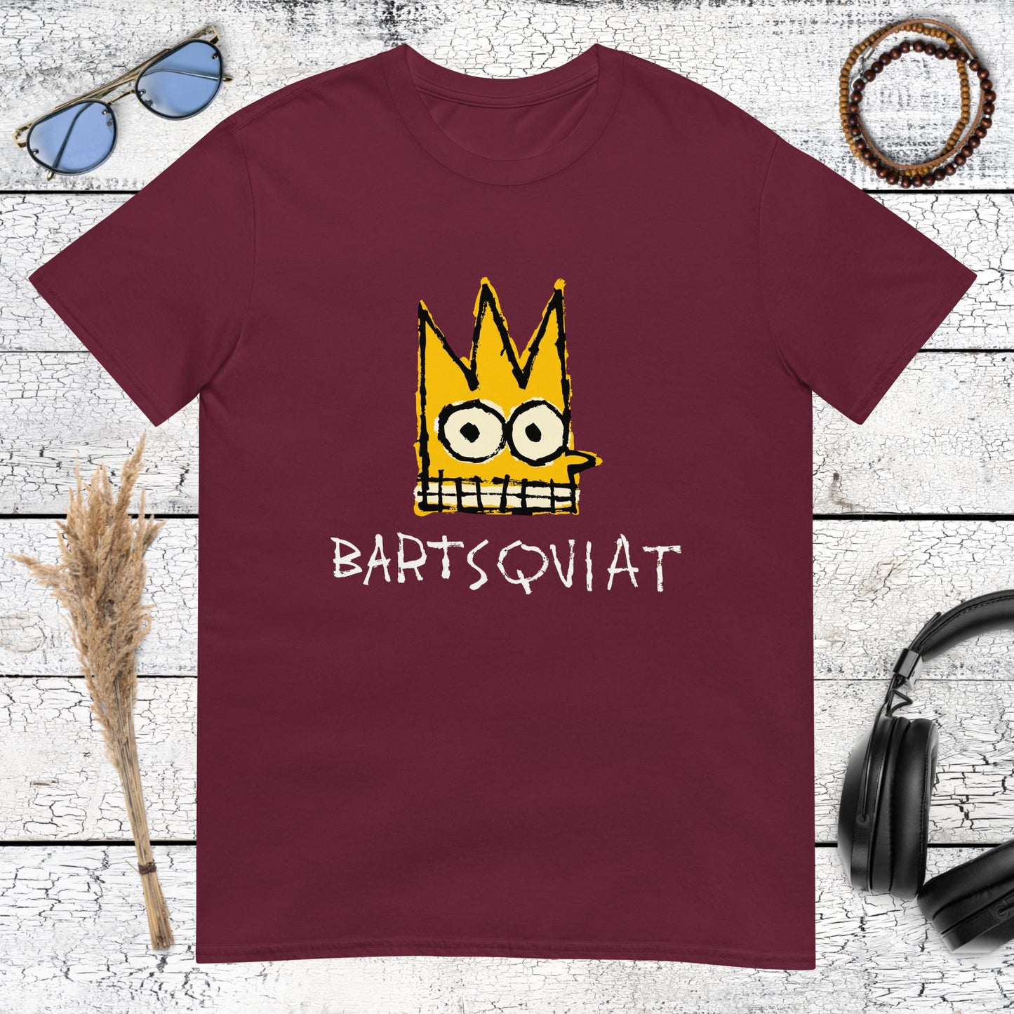 Maroon t-shirt with Bart Simpson in a neo-expressionist Basquiat style