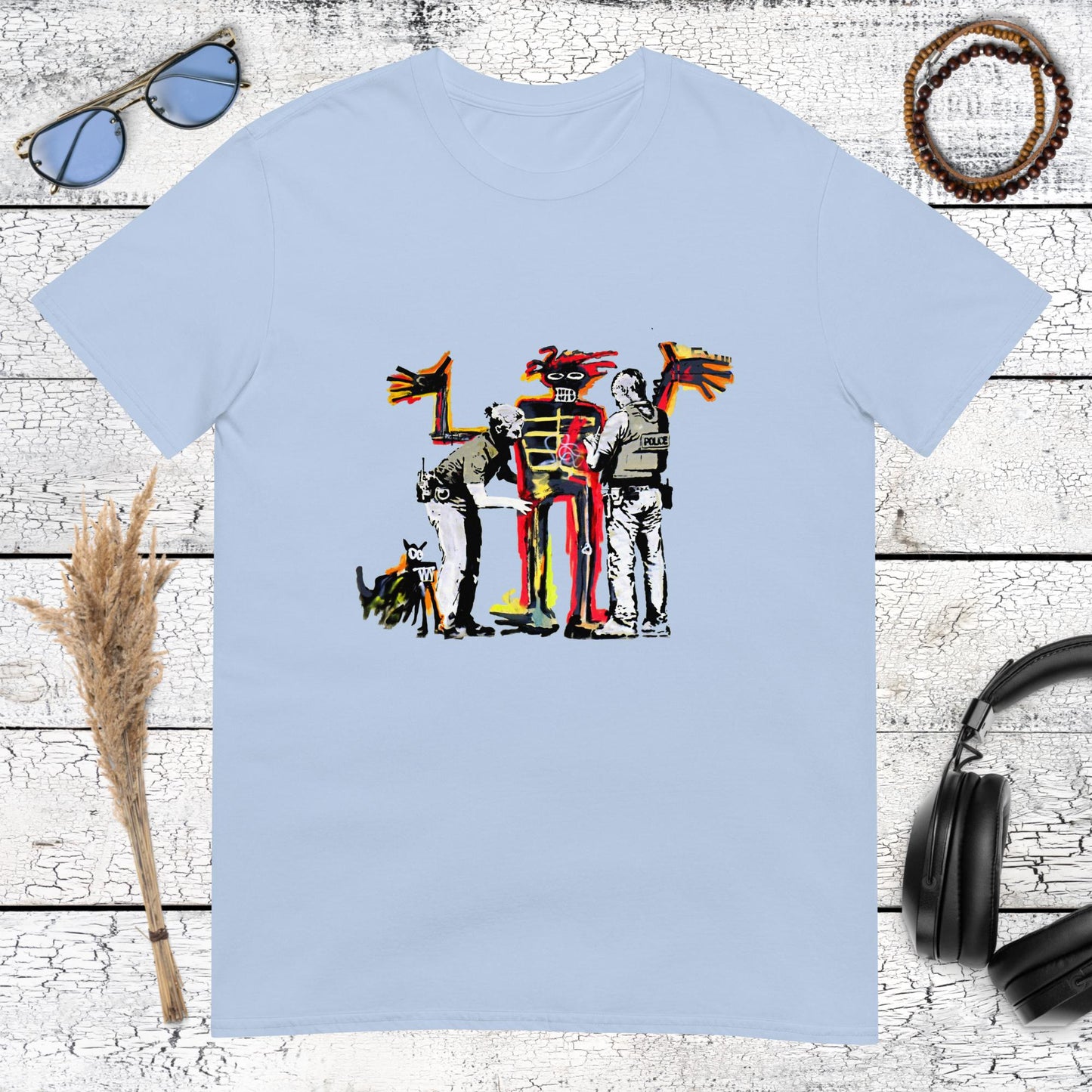 Light blue graphic t-shirt with Basquiat inspired Irony of Negro Policeman art