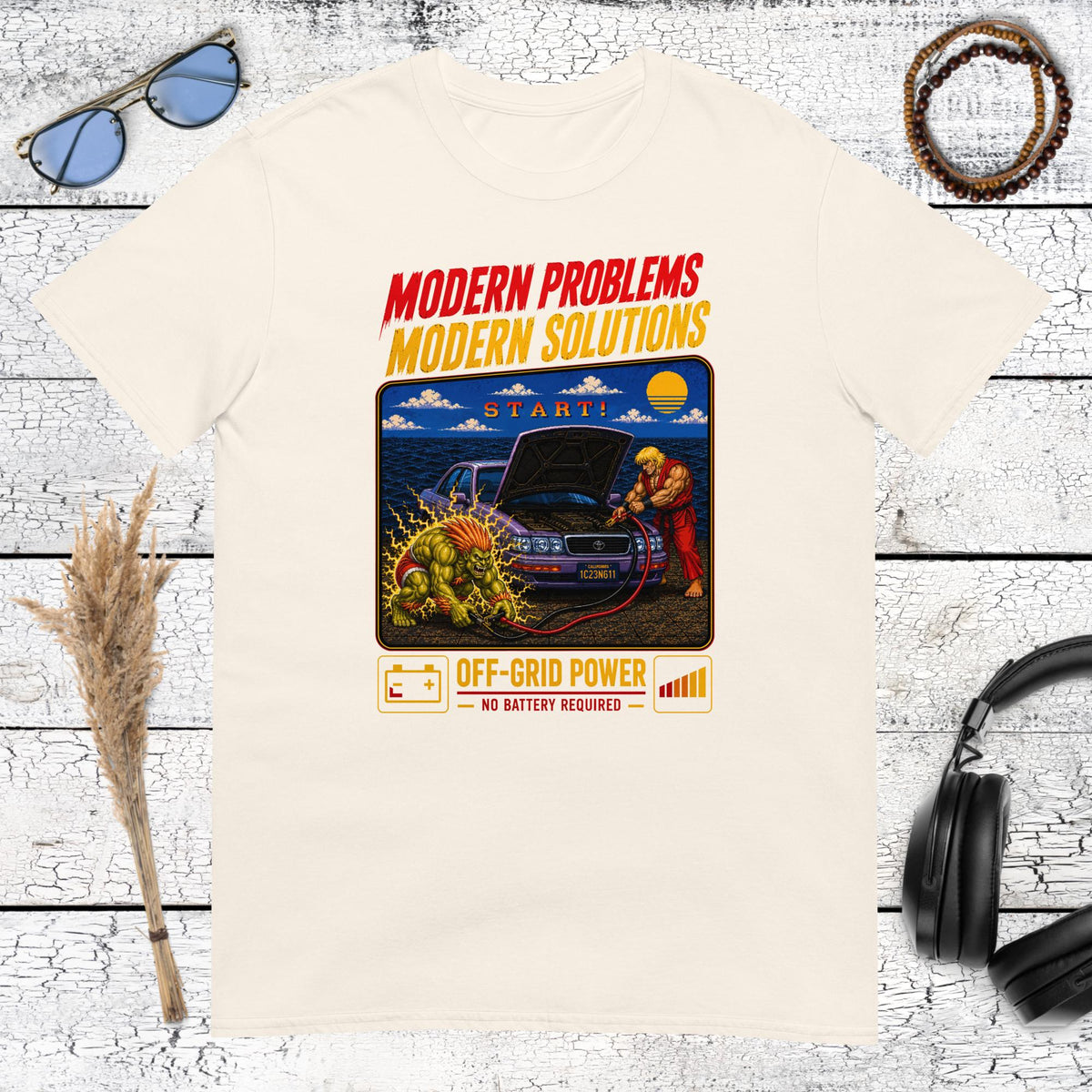 Natural cream colored tee with Street Fighter car smashing stage parody