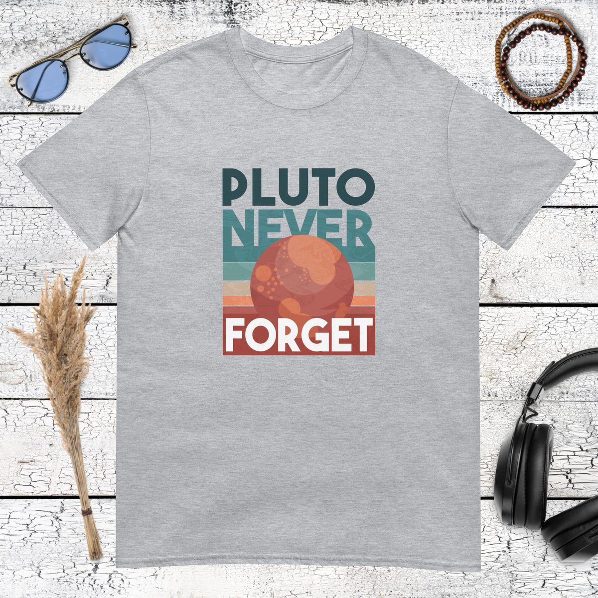 Heather grey t-shirt with a retro Pluto is a planet illustration