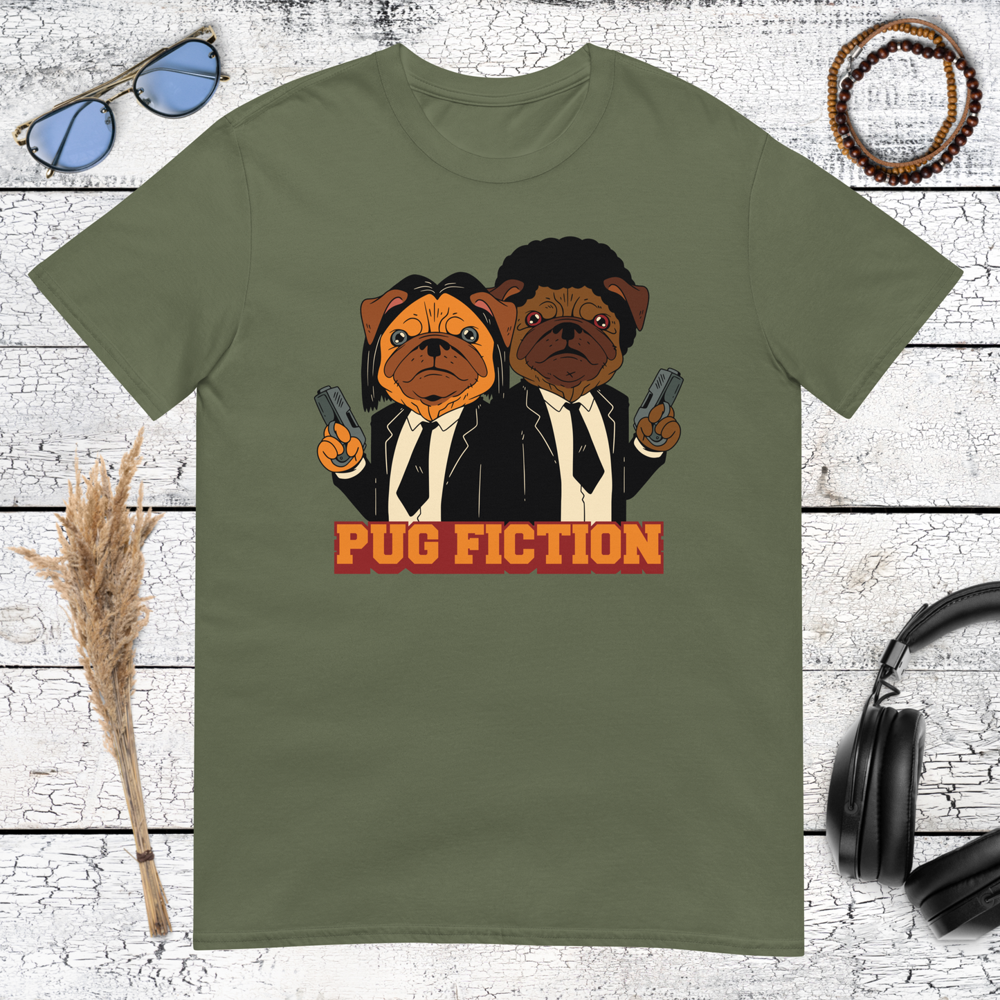 Pug Fiction t-shirt in military green color version