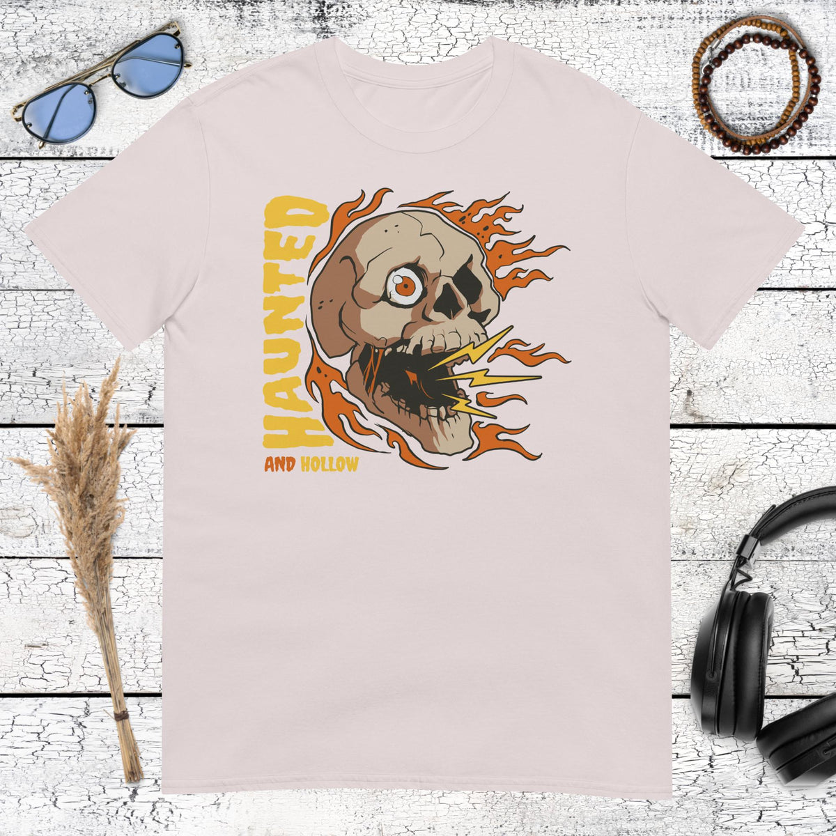 Haunted and Hollow Skull T-Shirt – ice grey, front view