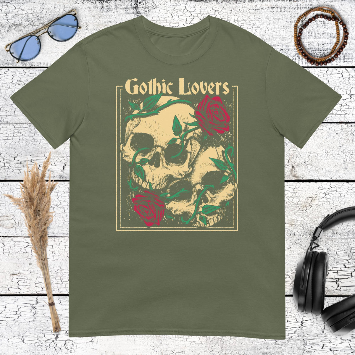Gothic Lovers Skull T-Shirt – military green, front view