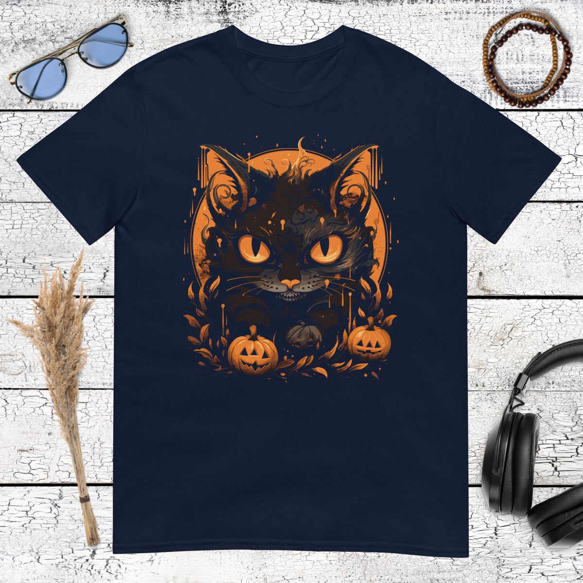 Halloween Black Cat T-Shirt – navy, front view