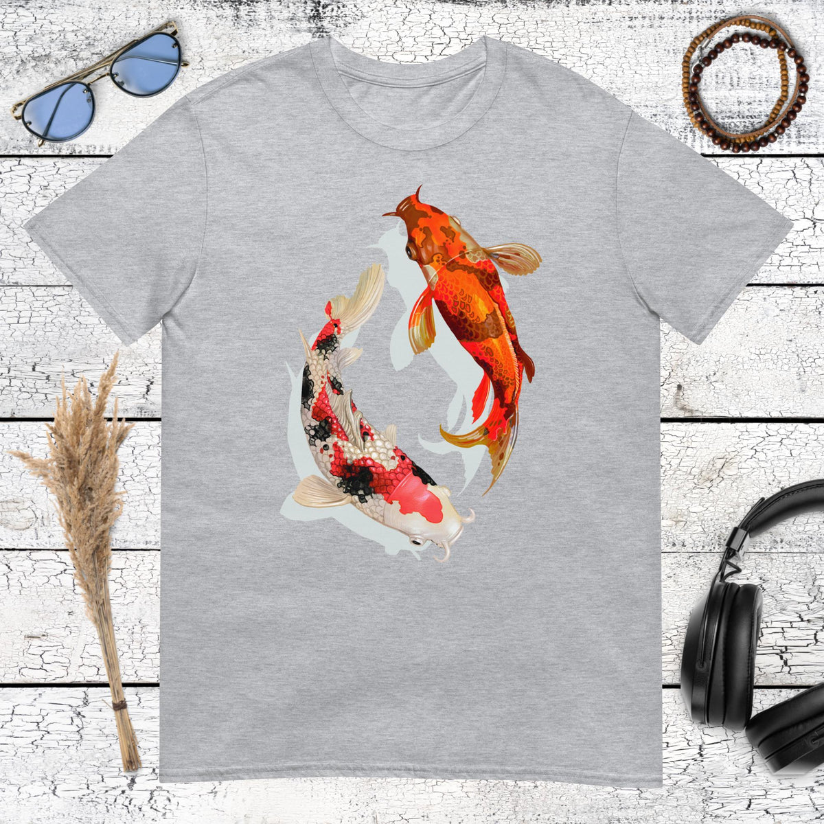 Sport grey t-shirt with a Koi fish Yin Yang spiritual art design