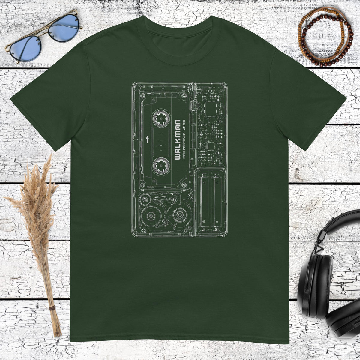 Product moVintage portable music player artwork printed on a forest green t-shirtckup