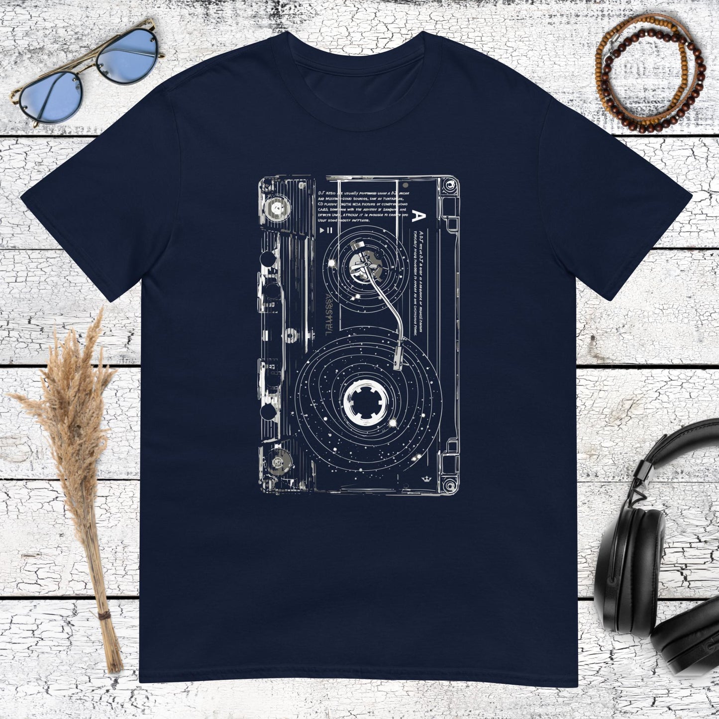 Vintage style cassette tape illustration on navy blue cotton shirt