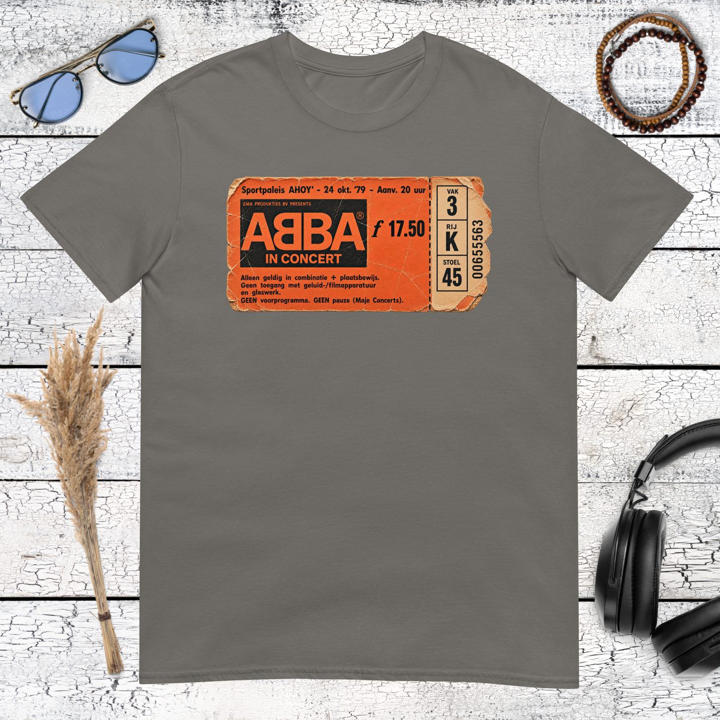 Orange ABBA graphic printed on a charcoal vintage music t-shirt