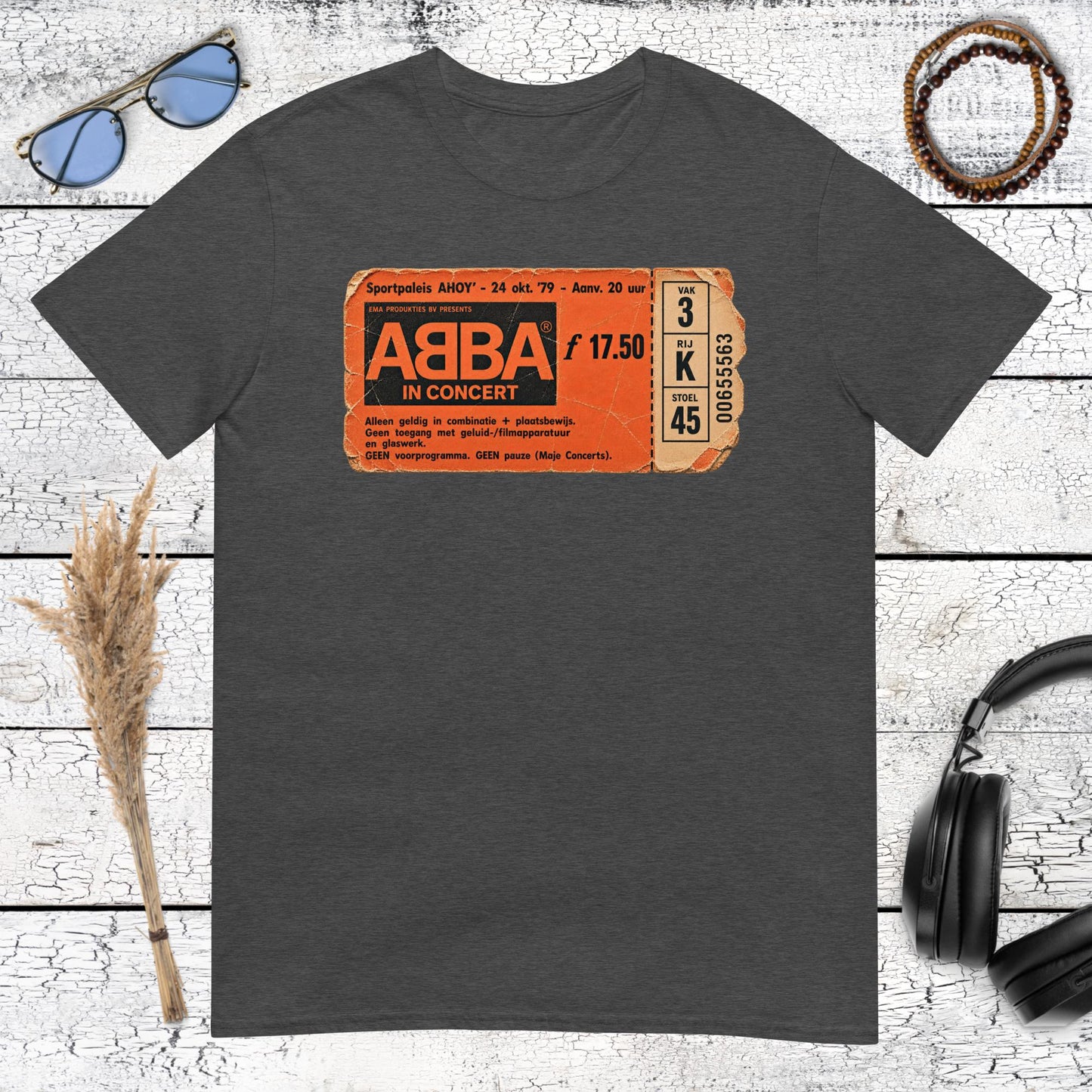 Orange ABBA vintage music design printed on a dark heather grey t-shirt