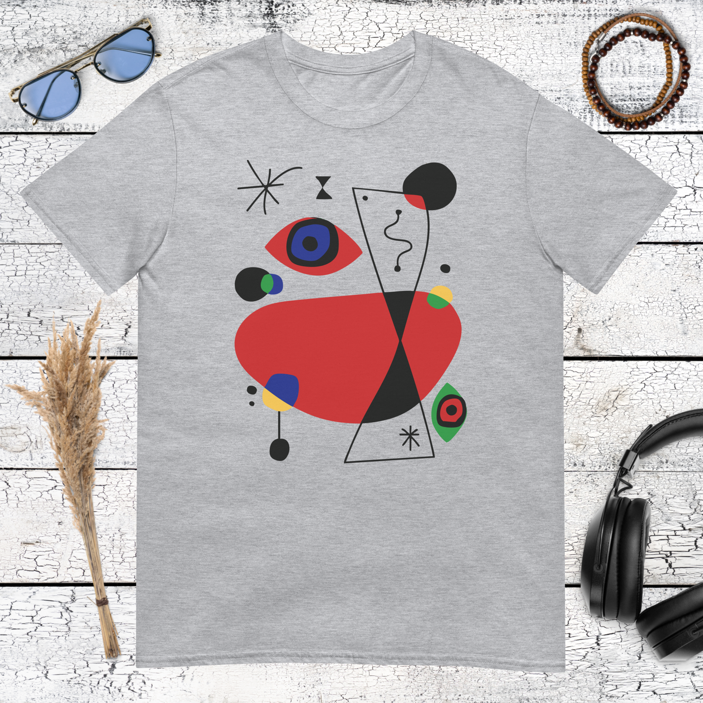 Colourful abstract geometric artwork inspired by Miró printed on a sport grey t-shirt