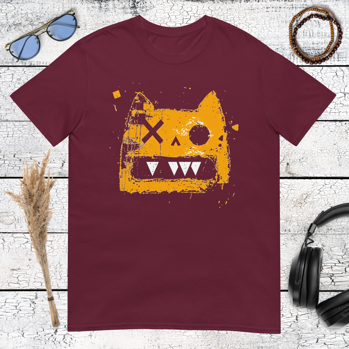 Neo-expressionism style cat head art printed on a maroon coloured t-shirt