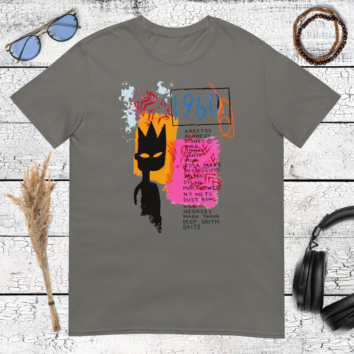 Contemporary crowned portrait with hand-drawn symbols on a charcoal t-shirt