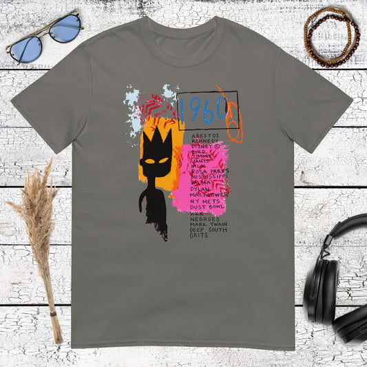 Contemporary crowned portrait with hand-drawn symbols on a charcoal t-shirt