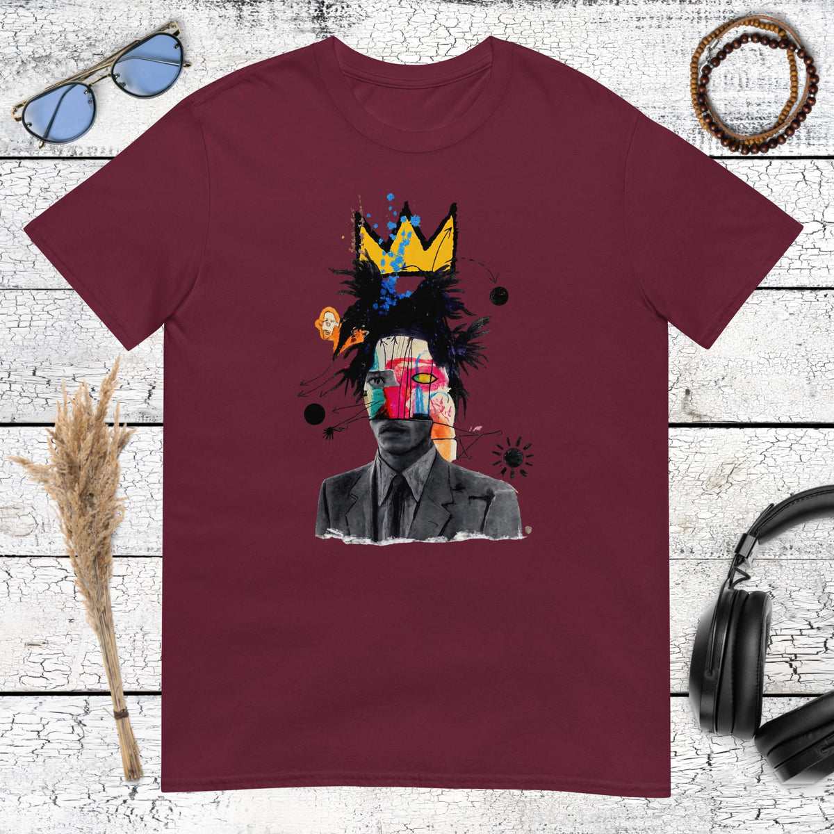 Colourful Basquiat-inspired abstract portrait printed on a maroon t-shirt