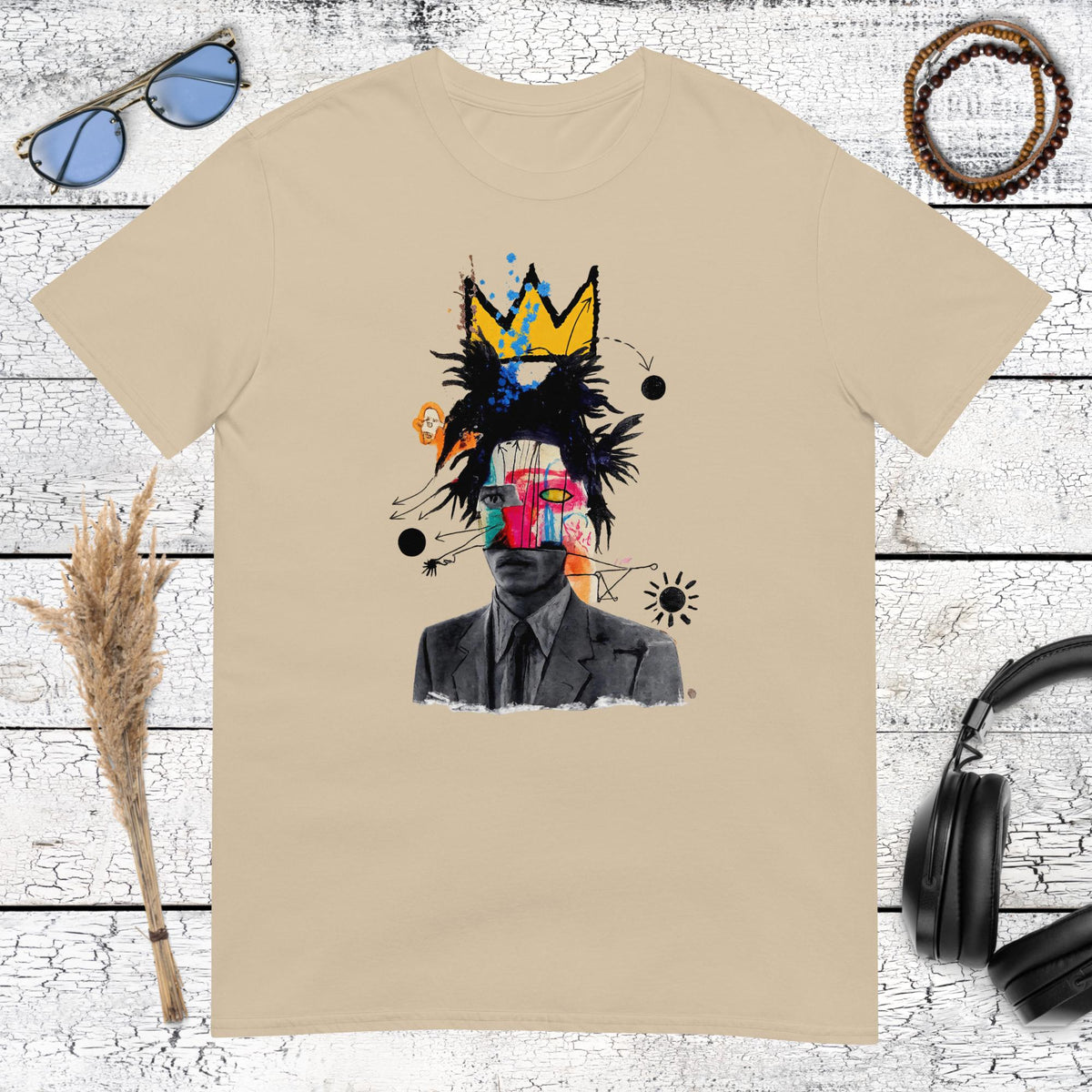 Colourful abstract crown artwork printed on a sand t-shirt