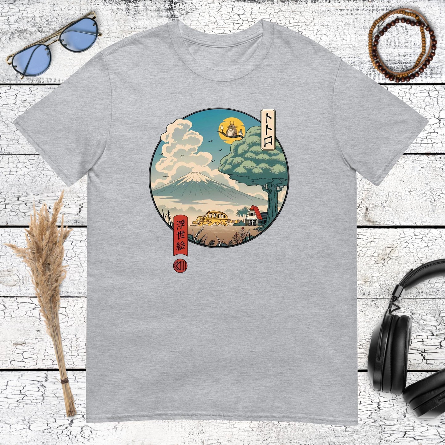 Circular Japanese art collage with Totoro and scenic nature details on a sport grey t-shirt