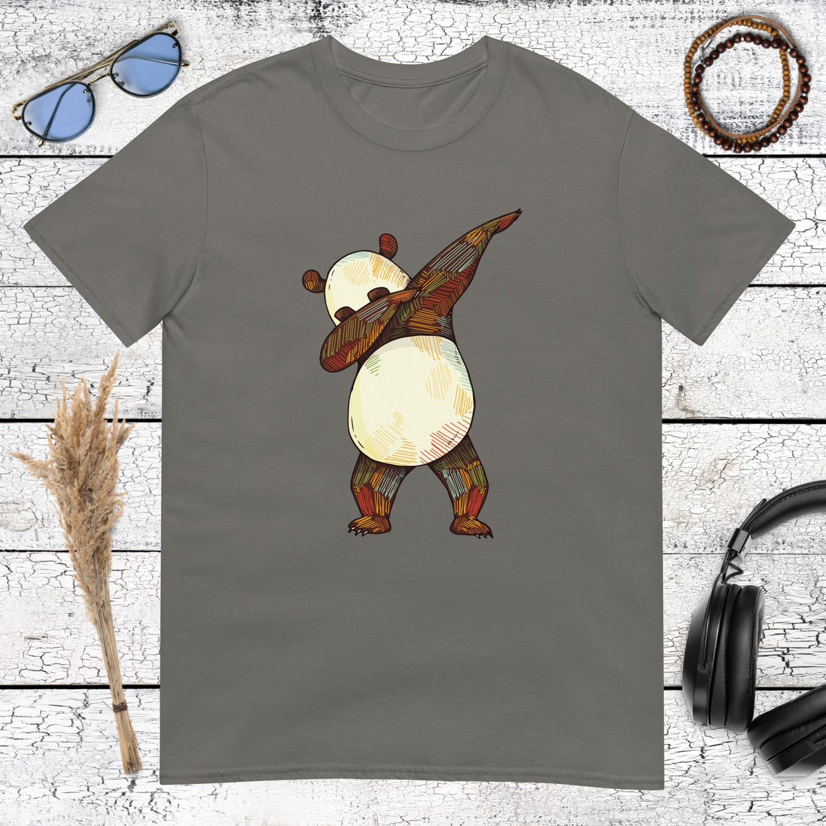Artistic dabbing panda graphic on a dark grey charcoal t-shirt