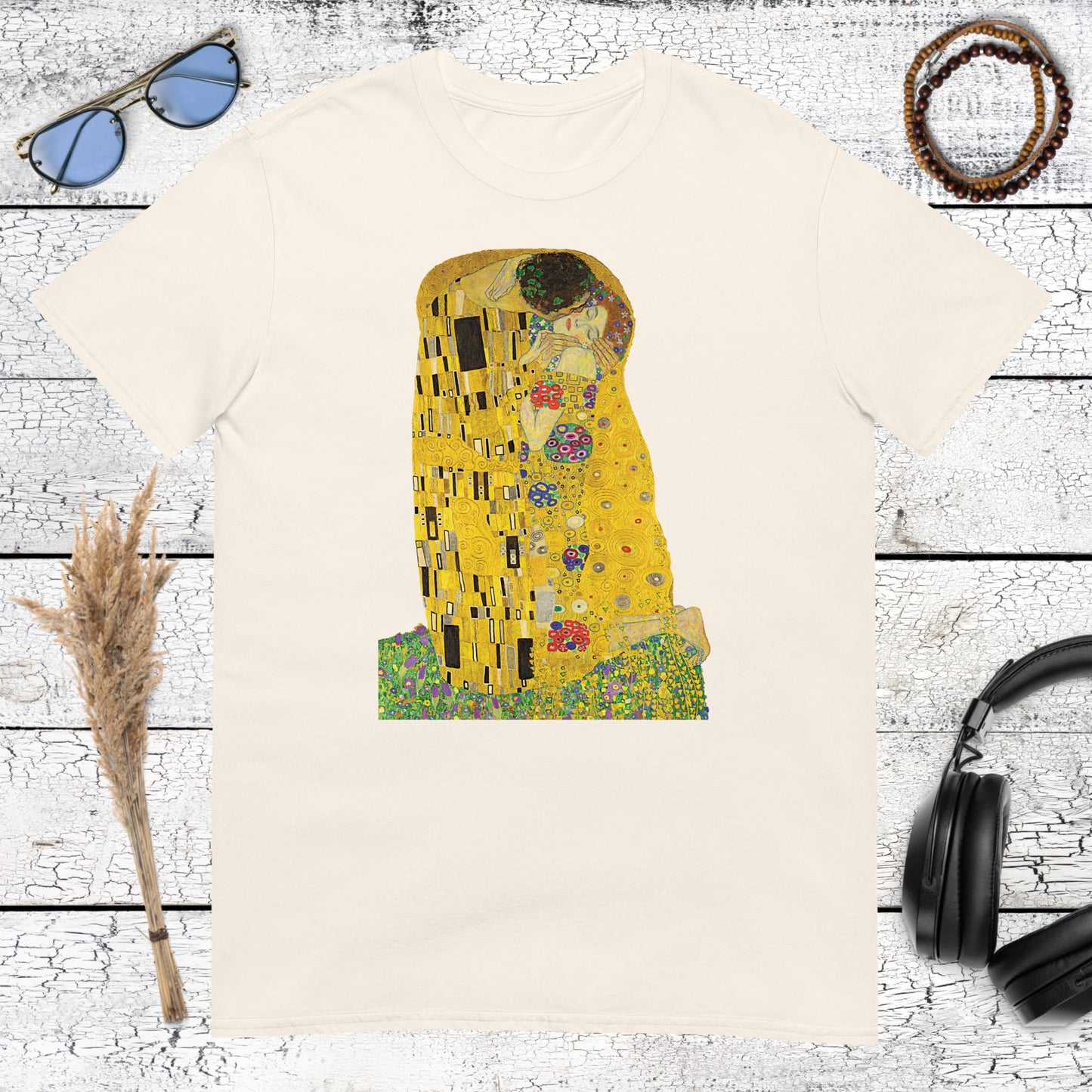 Vintage style art print of The Kiss on a natural cream t-shirt for a canvas-like look