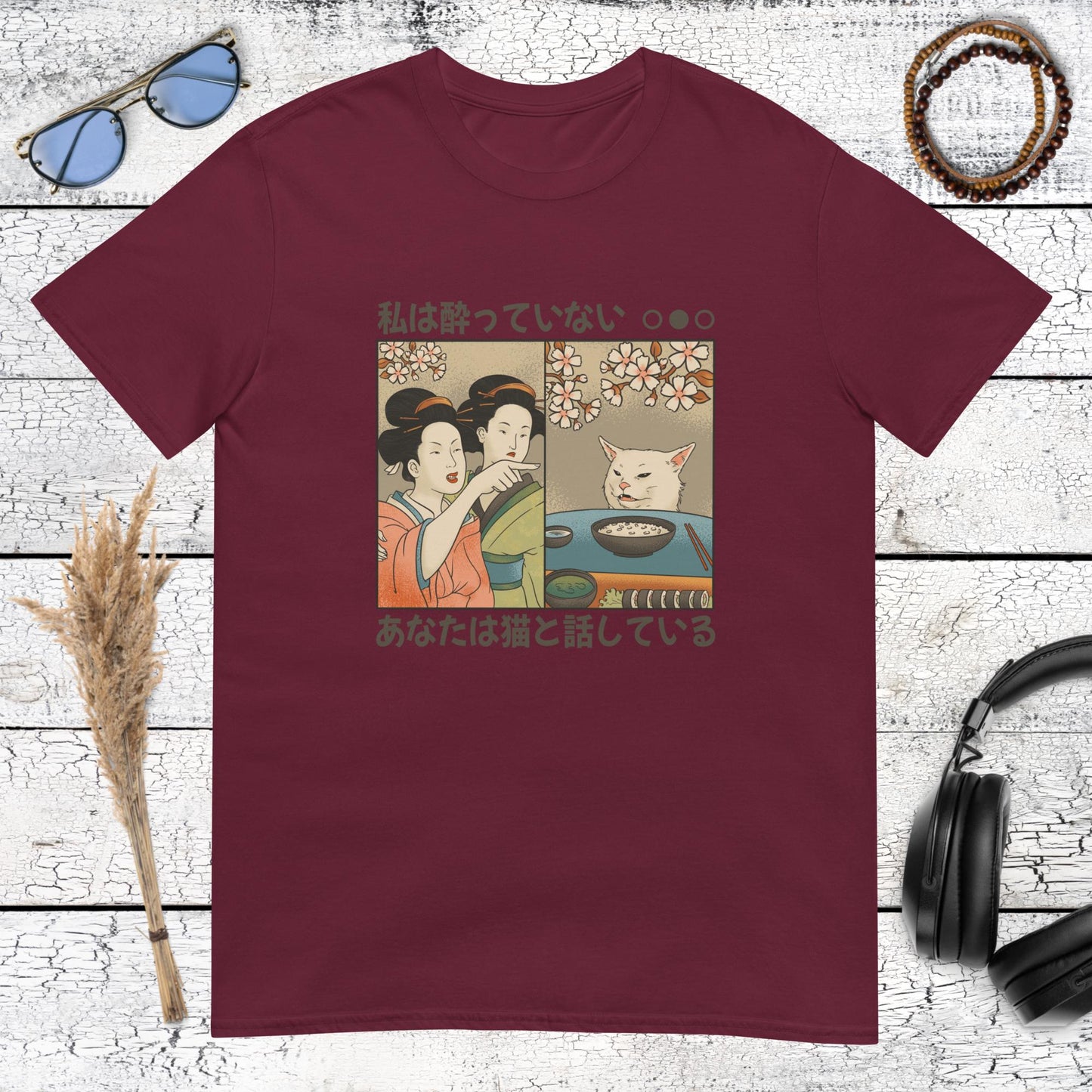 Deep maroon t-shirt with Japanese ukiyo-e parody of cat meme graphic