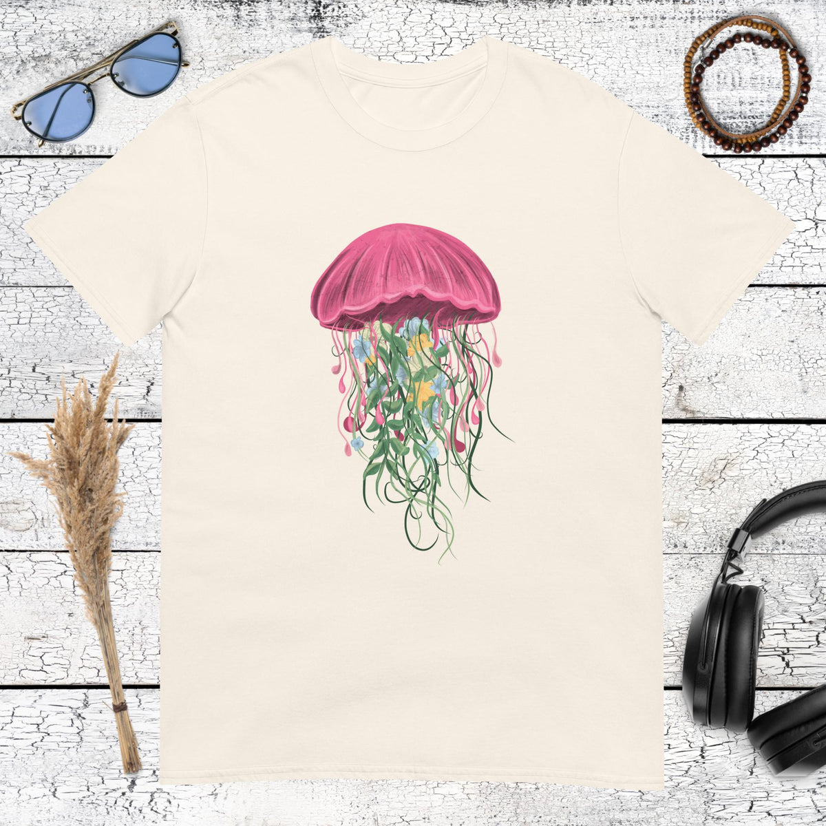 Minimalist marine life jellyfish drawing on natural beige t-shirt