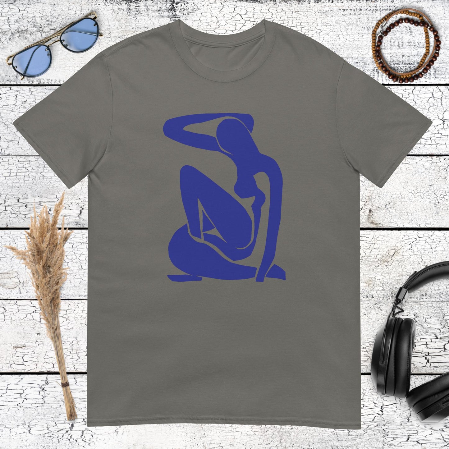 Blue minimalist figure art inspired by Matisse on a gold charcoal t-shirt