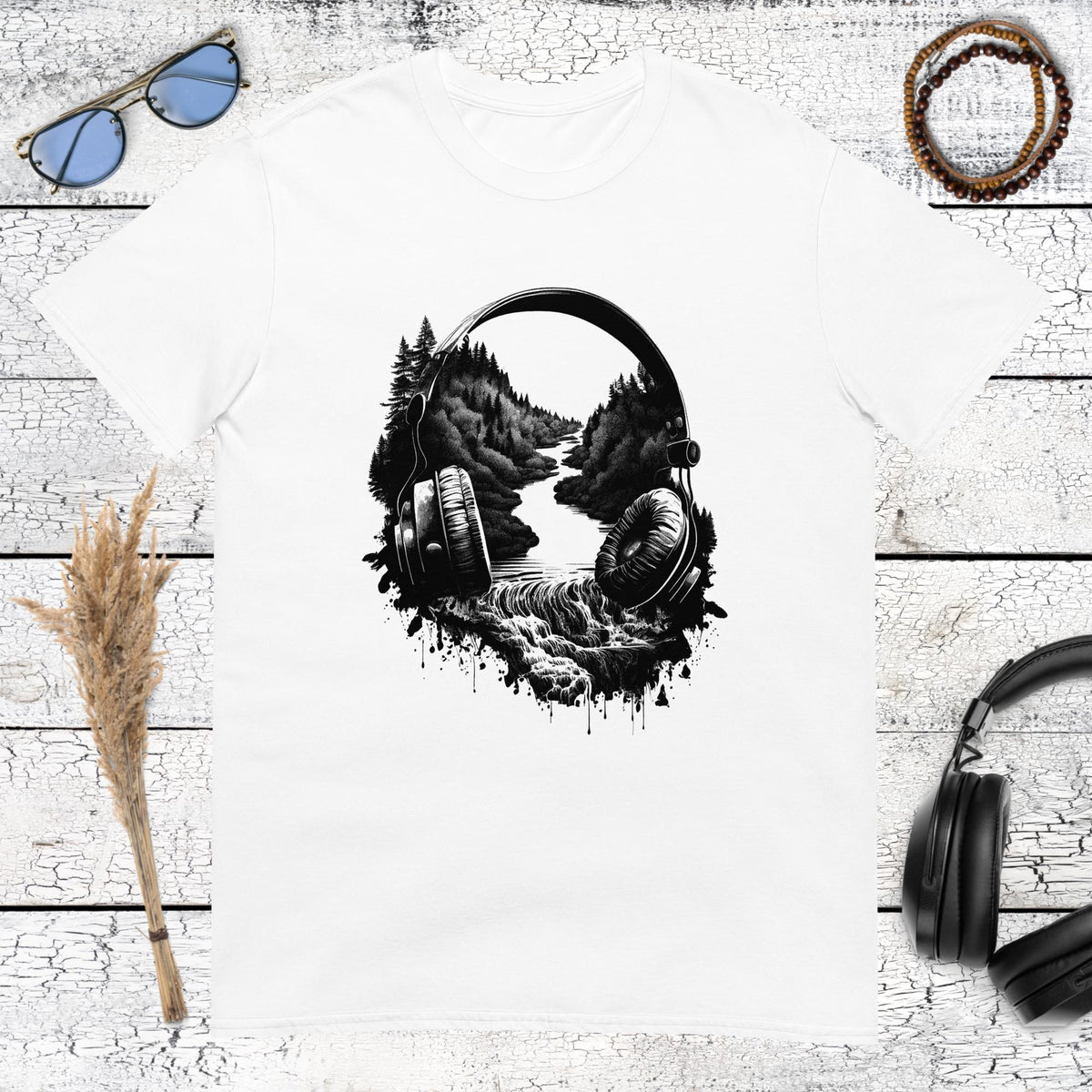 ProduArtistic headphones graphic with a hidden mountain landscape forest art printed on a white t-shirtct mockup