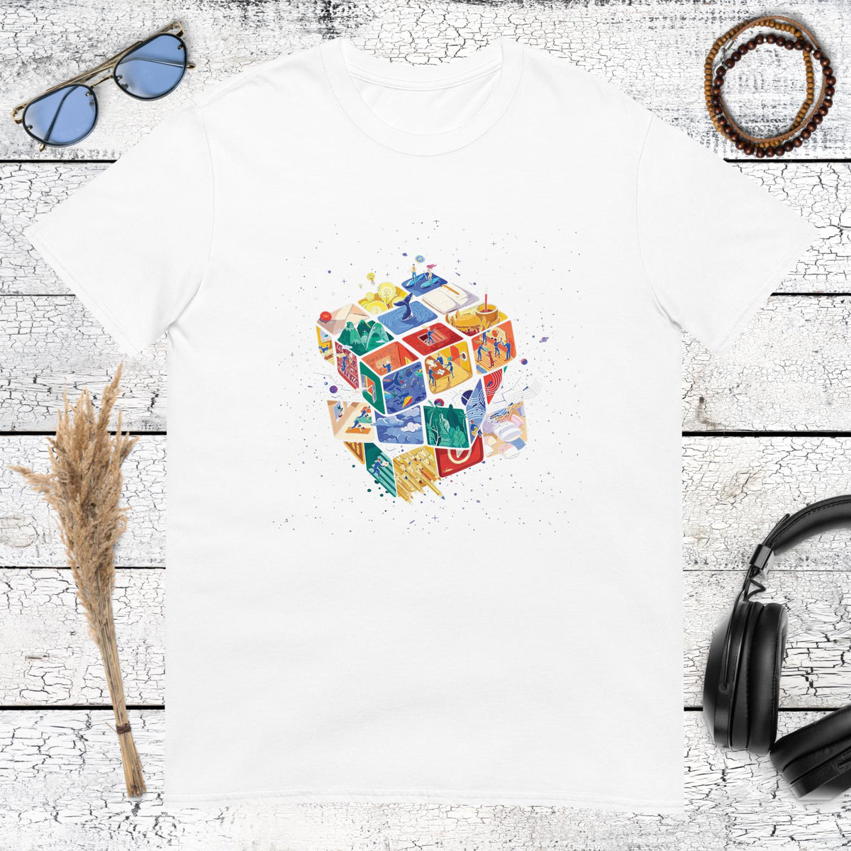 Detailed galactic Rubik's cube graphic with vibrant space colours on a white t-shirt