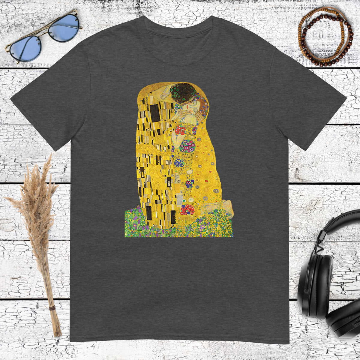 Product mockuSophisticated dark heather grey t-shirt featuring a high-quality print of Klimt's masterpiece The Kiss