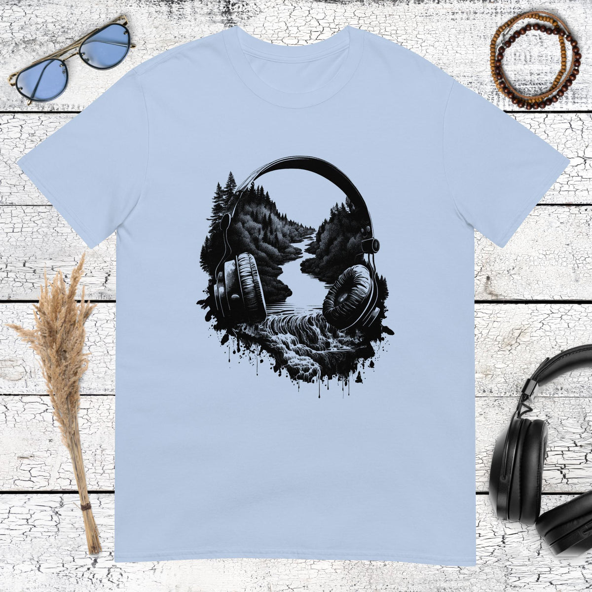 Detailed nature and music mashup graphic featuring mountains and trees on a light blue t-shirt