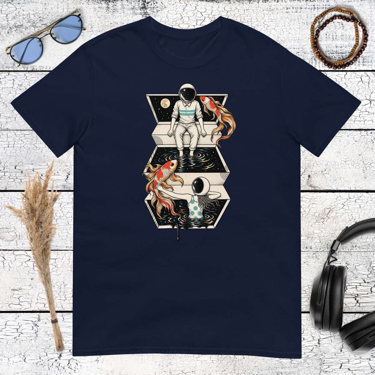 Astronaut and colourful koi fish cosmic artwork printed on a navy blue t-shirt
