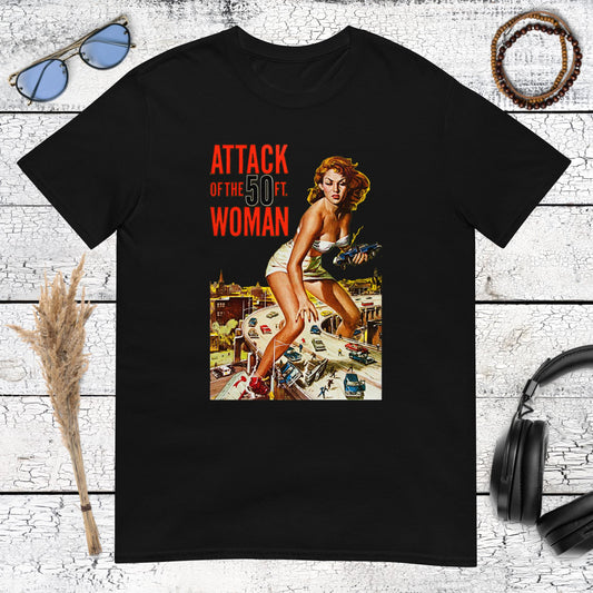Vintage Attack of the 50 Foot Woman movie poster graphic printed on a black t-shirt