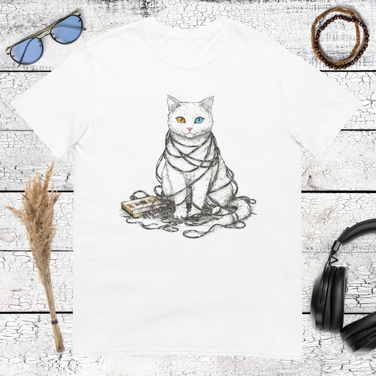 Minimalist line art of a cat tangled in headphone wires with colored eyes on a white t-shirt