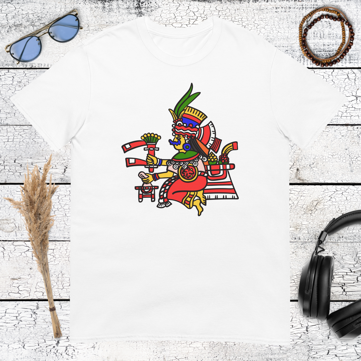 Vibrant Mesoamerican warrior graphic with geometric tribal details on a white t-shirt