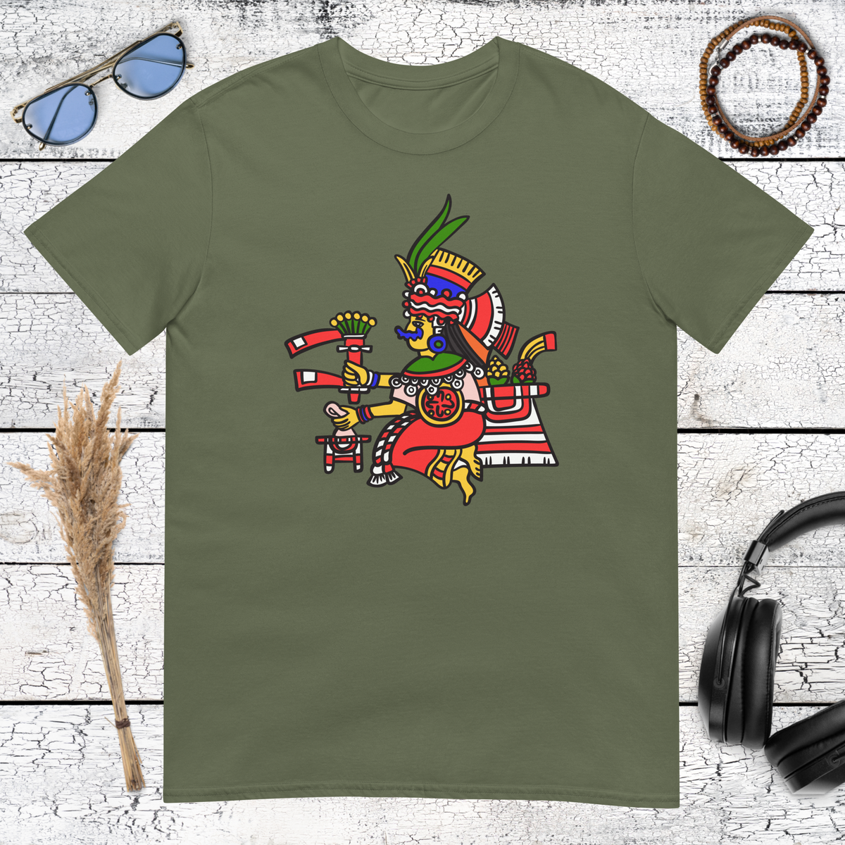 Detailed colourful Aztec warrior graphic with geometric tribal symbols on a military green t-shirt