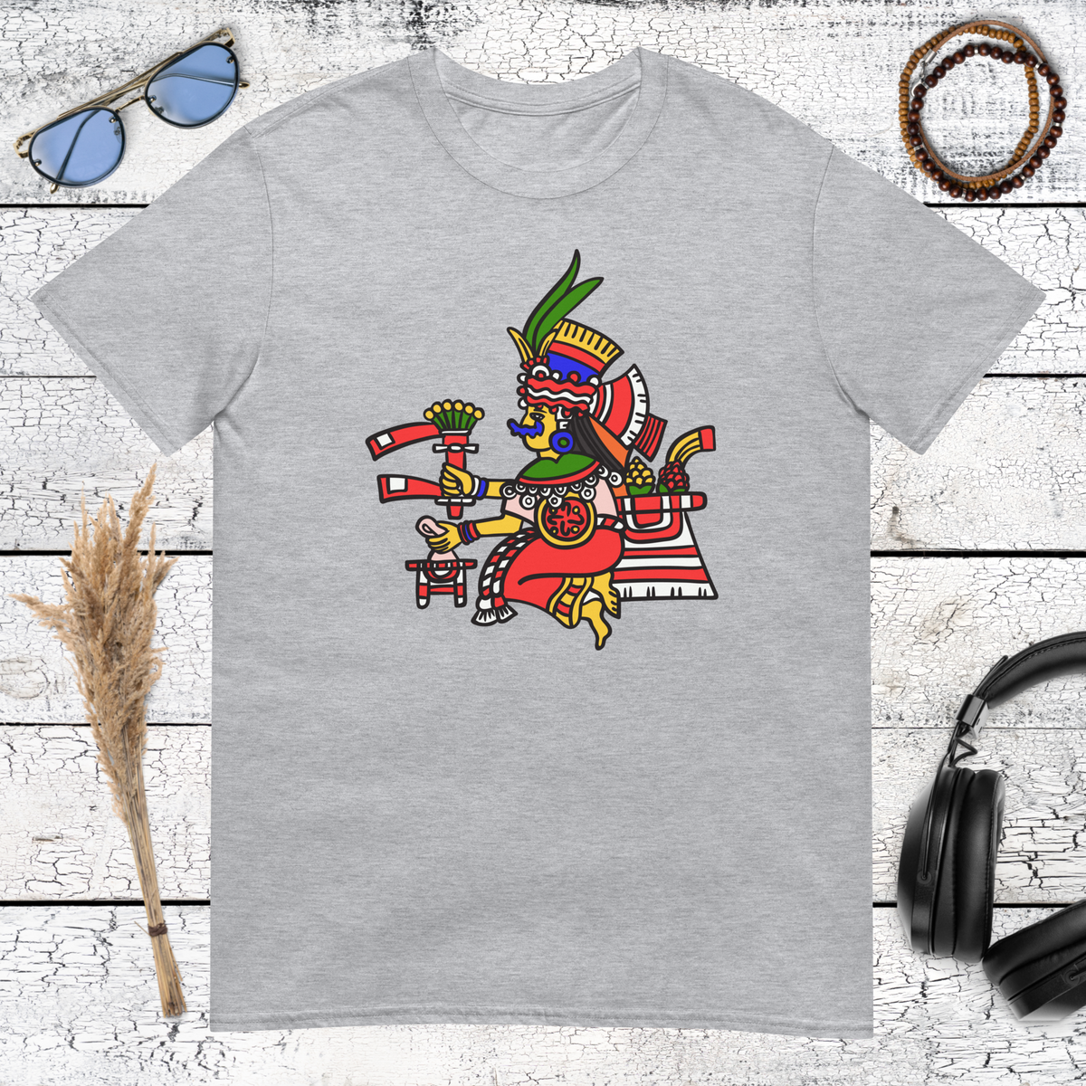 Grey Tribal Art Tee	Colourful Aztec warrior with traditional Mesoamerican symbols printed on a sport grey t-shirt