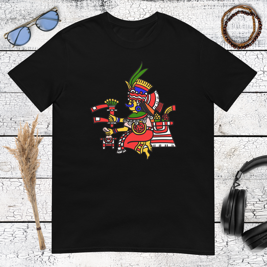 Product mocColourful Aztec warrior with traditional Mesoamerican symbols on a black t-shirtkup