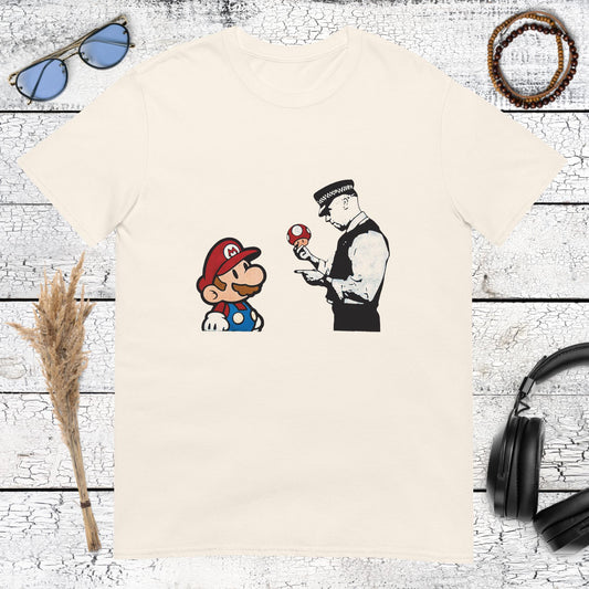 Banksy style street art featuring a policeman checking Mario's mushroom on a natural t-shirt